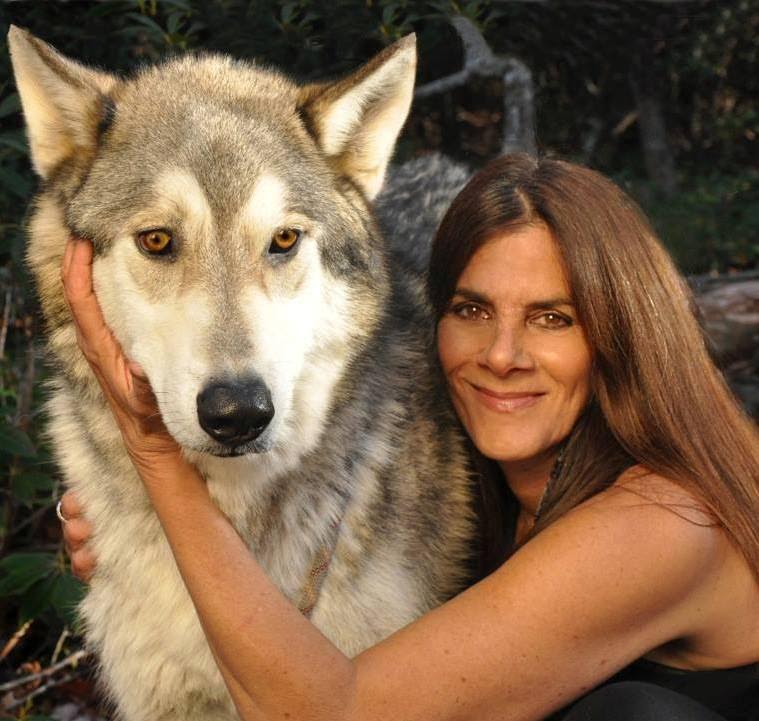 Lois Chazen hugging a large wolf-dog hybrid