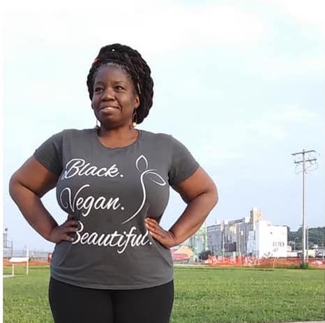 After going vegan for Lent and losing weight, Sharon Bolden models a T-shirt that says "Black, Vegan, and Beautiful"