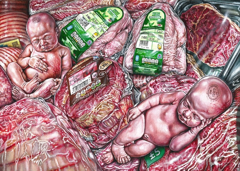Painting by Phillip McCulloch-Downs of three human babies lyiPainting by Phillip McCulloch-Downs of a piglet trPainting by Phillip McCulloch-Downs of naked human babies surrounded by the raw meat of animals in a grocery case