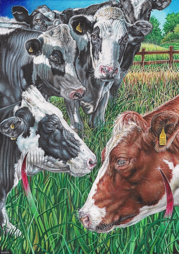 Painting by Phillip McCulloch-Downs of three human babies lyiPainting by Phillip McCulloch-Downs of a piglet trPainting by Phillip McCulloch-Downs of four guernsey cows in a field with blood dripping from blades of grass