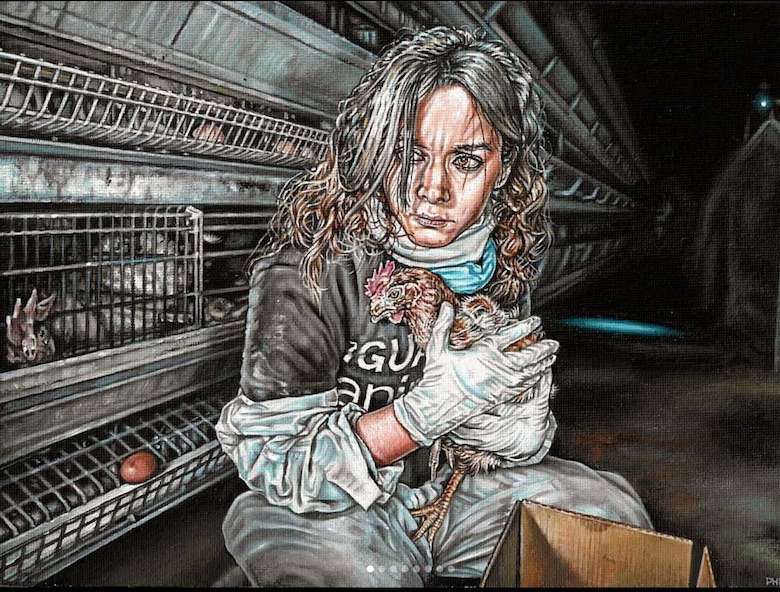 Painting by Phillip McCulloch-Downs of a young woman inside a factory farm cuddling a hen