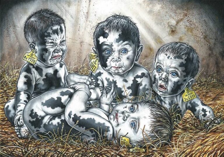 Painting by Phillip McCulloch-Downs of three human babies lyiPainting by Phillip McCulloch-Downs of a piglet trPainting by Phillip McCulloch-Downs of three babies that are spotted in black and white with cattle ear tags on them as they lay in filth in a factory farm
