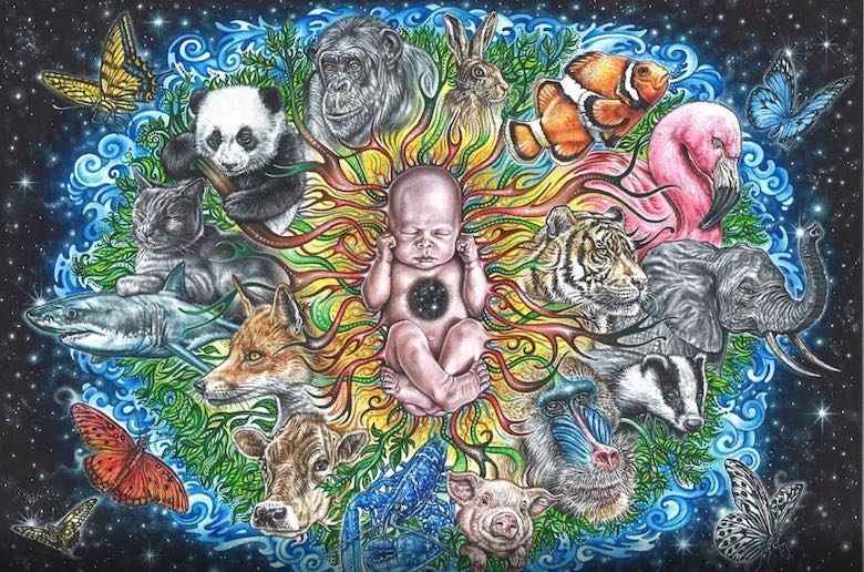 Painting by Phillip McCulloch-Downs of a human baby surrounded by non-human animal babies