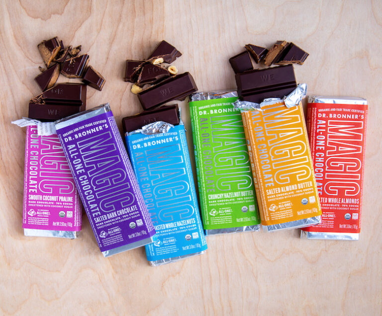 six vegan chocolate bars wrapped in colorful paper