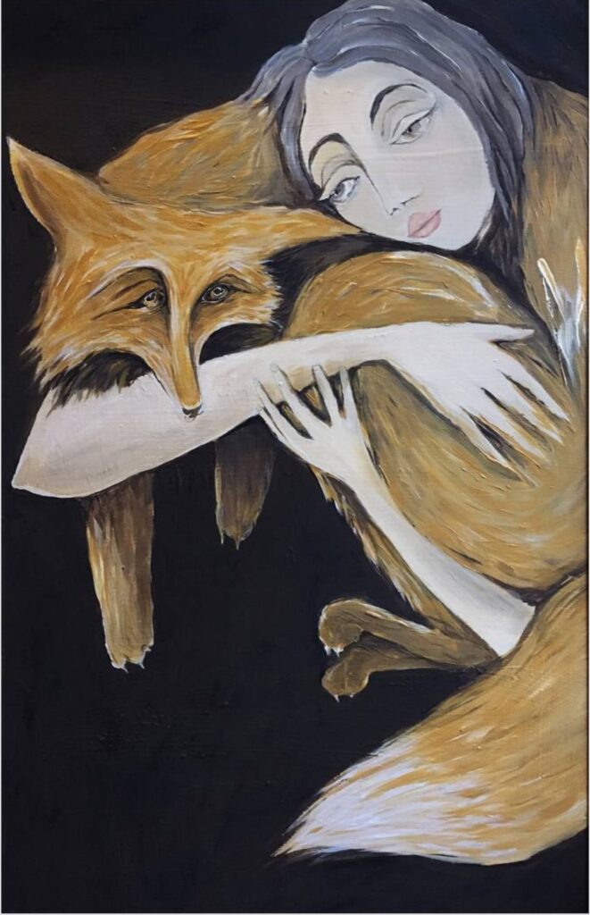 painting by Revers-Lab with a sad face cradling a fox