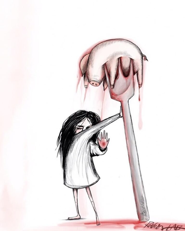 Rever-Lab artwork showing girl holding fork jabbed through apig