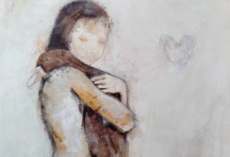 Pascale Salmon painting of girl with goose to demonstrate Vegan advocacy actions of caring for animals