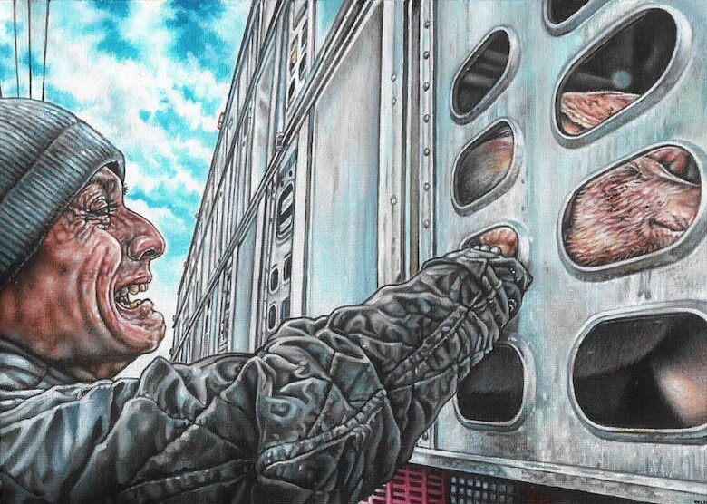 Painting by Phillip McCulloch-Downs of a man crying as he touches the snout of a pig in transport truck headed to the slaughter house