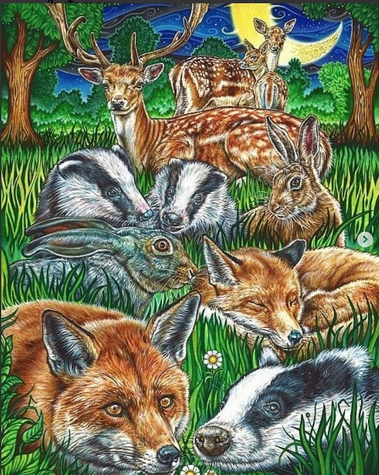 Painting by Phillip McCulloch-Downs of a field of grass with a variety of wild animals nestled in and sleeping together